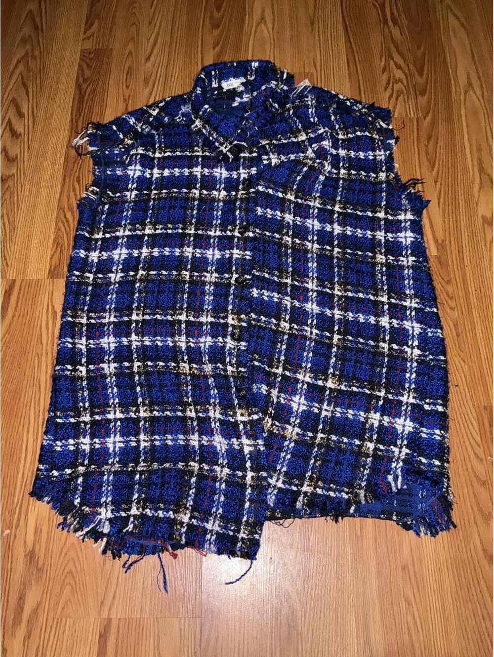 Zara Blue Plaid Sleeveless Tweed Jacket
